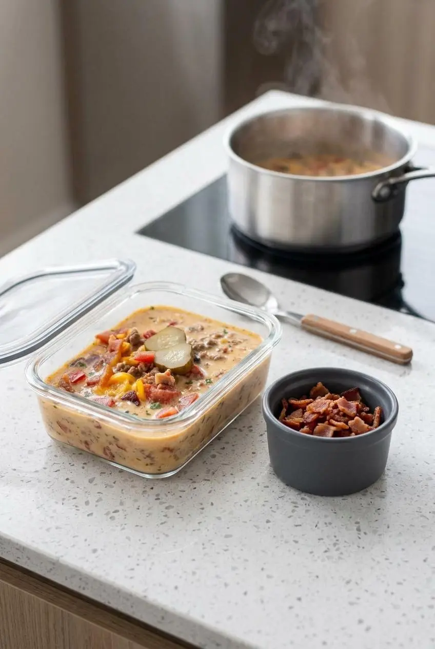 Glass meal prep container with leftover cheeseburger soup next to bacon crumbles and a saucepan on low heat.