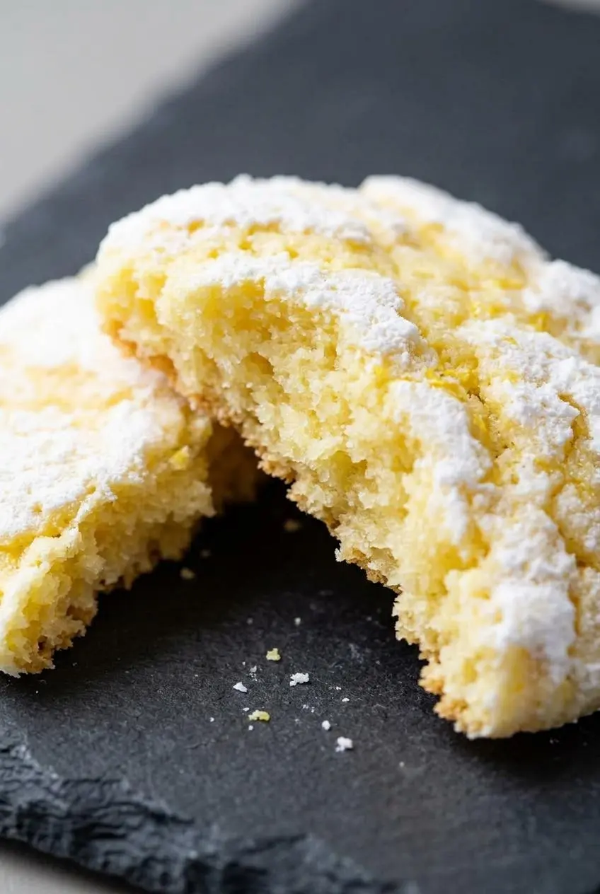 Halved keto lemon cookie displaying a soft almond flour crumb and crackled crust.