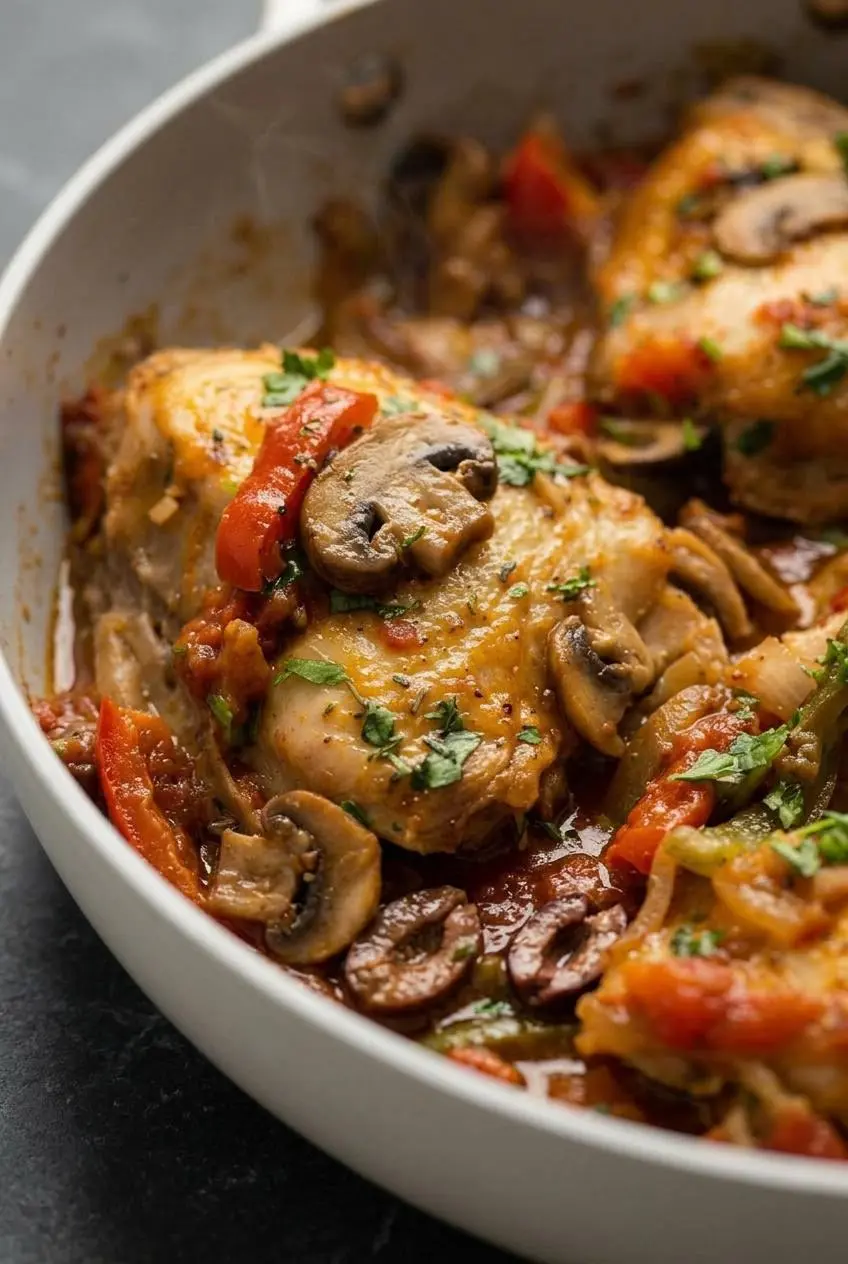 Close-up of thick tomato herb cacciatore sauce coating braised chicken with mushrooms and black olives.