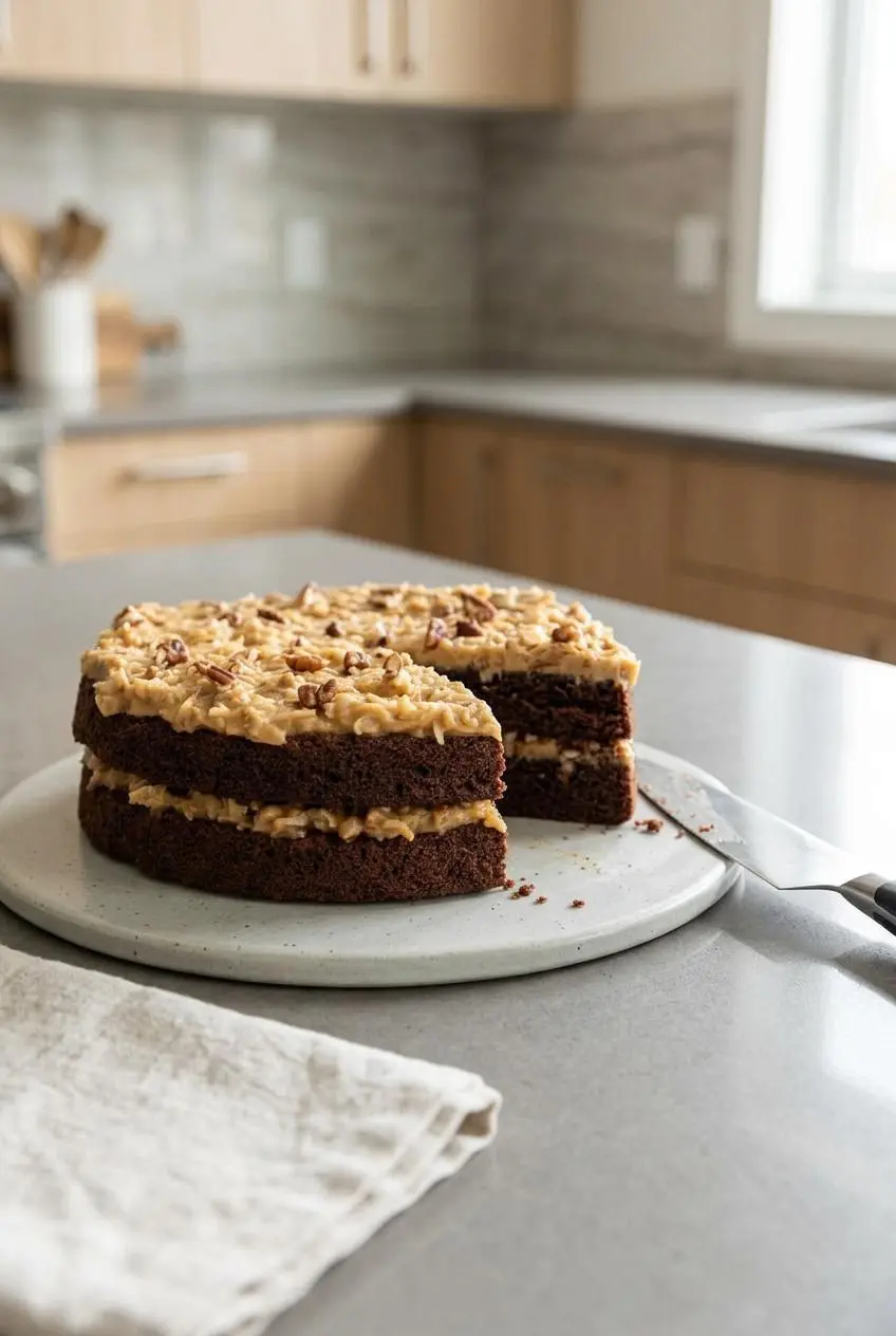 Chilled keto german chocolate cake on a serving board next to a clean slicing knife.