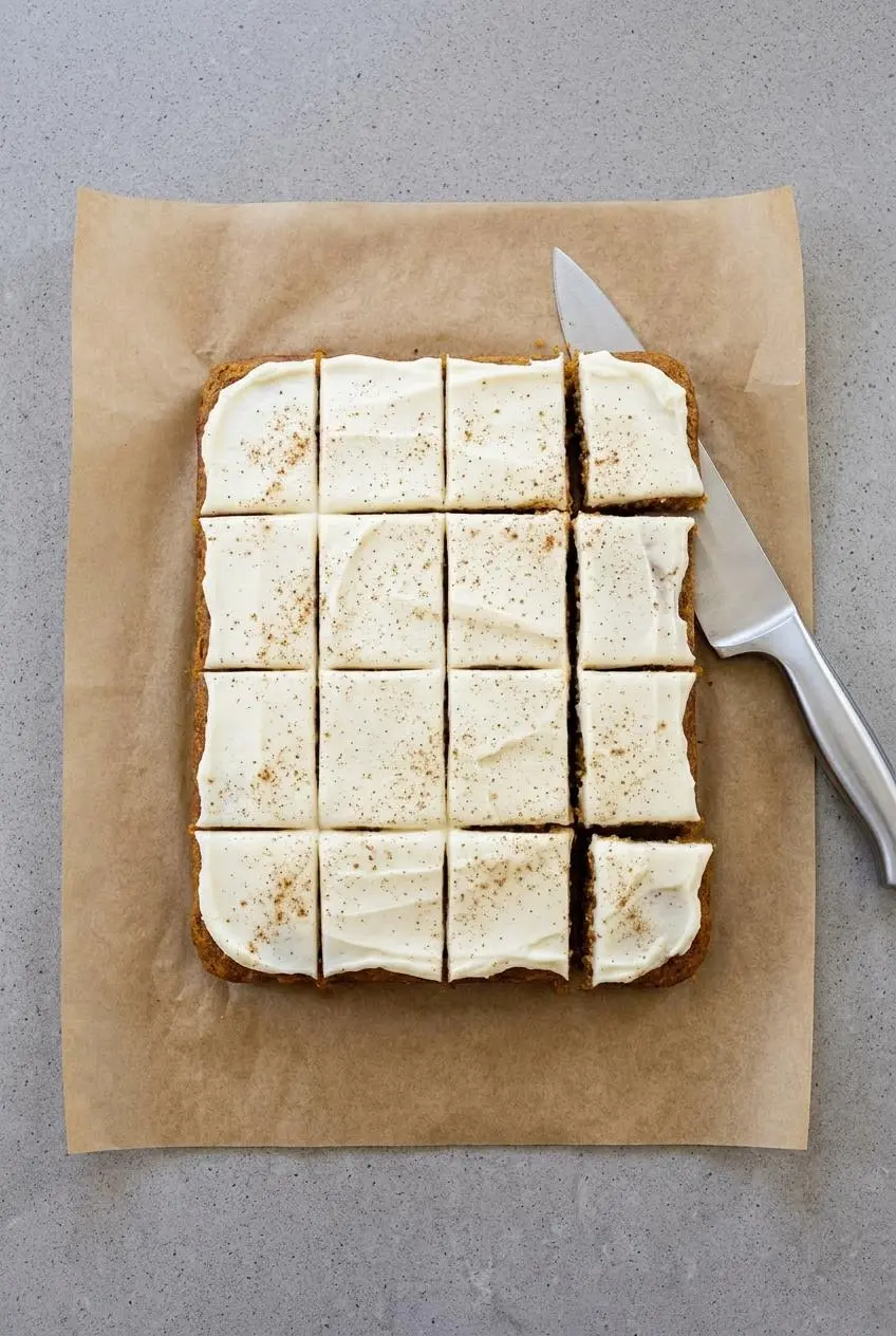 Overhead view of slicing chilled keto pumpkin bars on parchment paper with a chef knife.