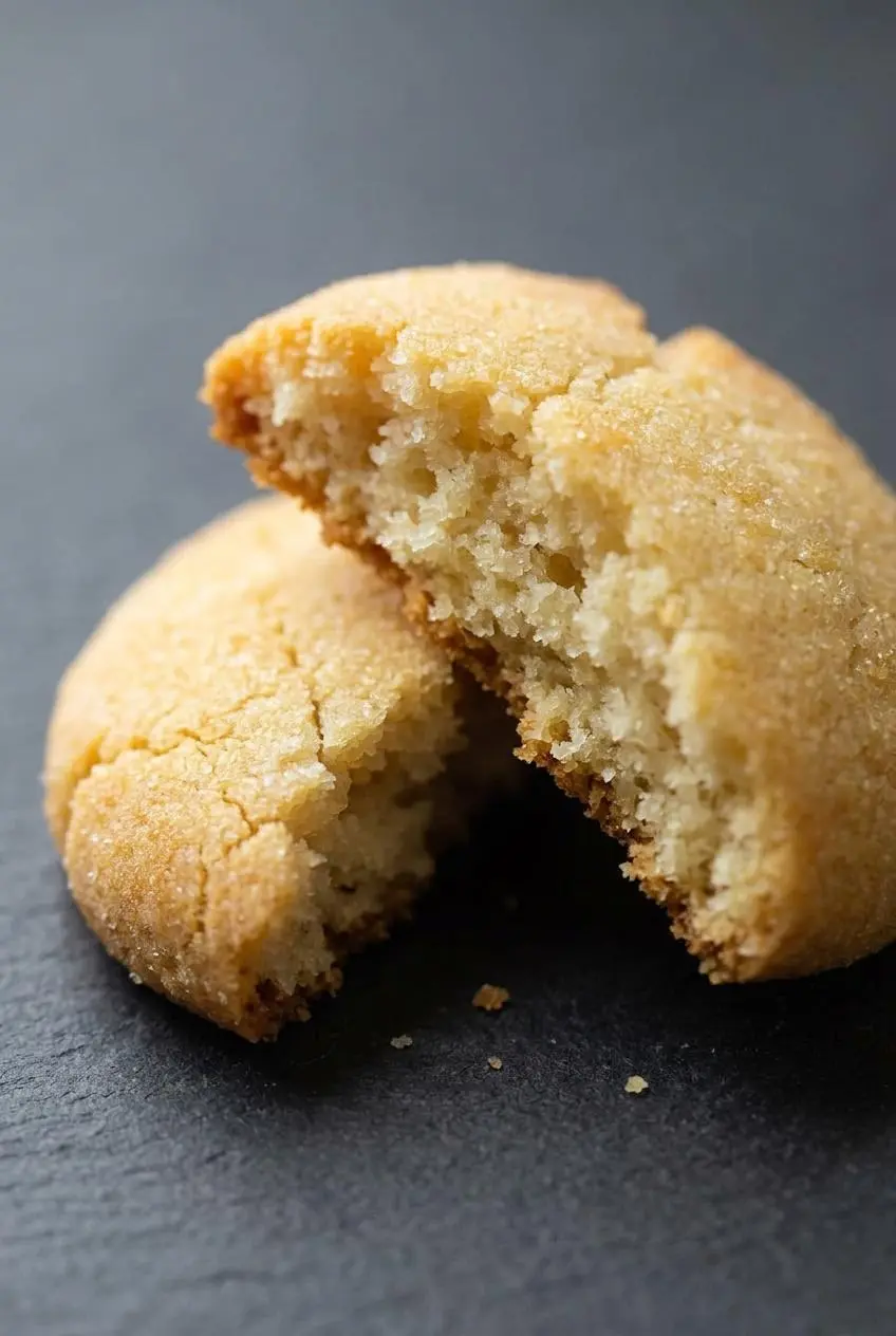 Close-up of a broken keto coconut flour cookie showing its tender, buttery interior crumb and golden crust.