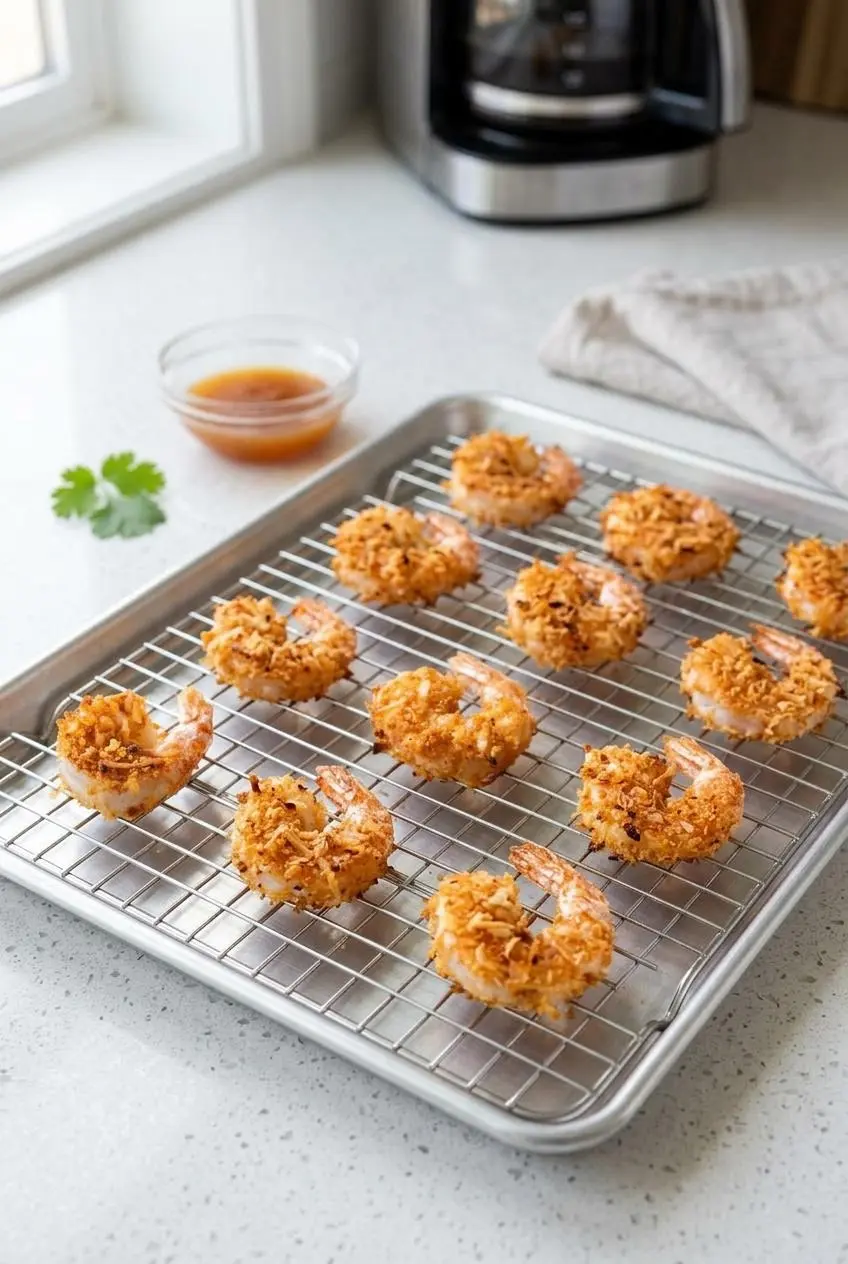 Cooked keto coconut shrimp cooling on a wire rack with space between pieces to maintain crunch.