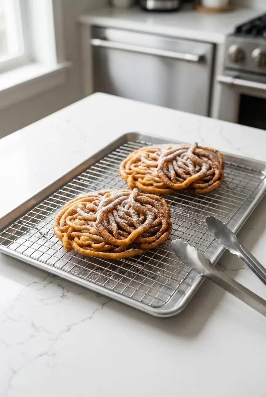 Two low-carb funnel cakes resting on an elevated wire cooling rack to let steam escape.