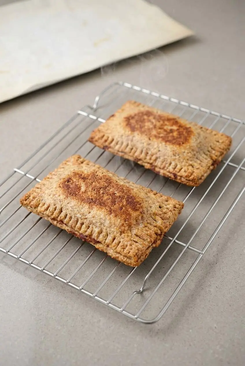 Baked keto hot pockets cooling on a wire rack on a kitchen counter to keep the bottom crust crisp.