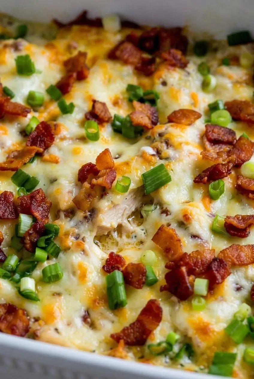 Close-up of bubbling melted Monterey Jack and cheddar cheese with bacon bits on a creamy chicken bake.