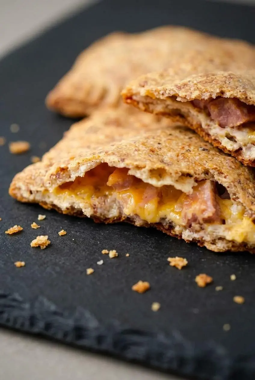 Close-up of a sliced low carb hot pocket showing firmly crimped fork seams and melted cheese filling.