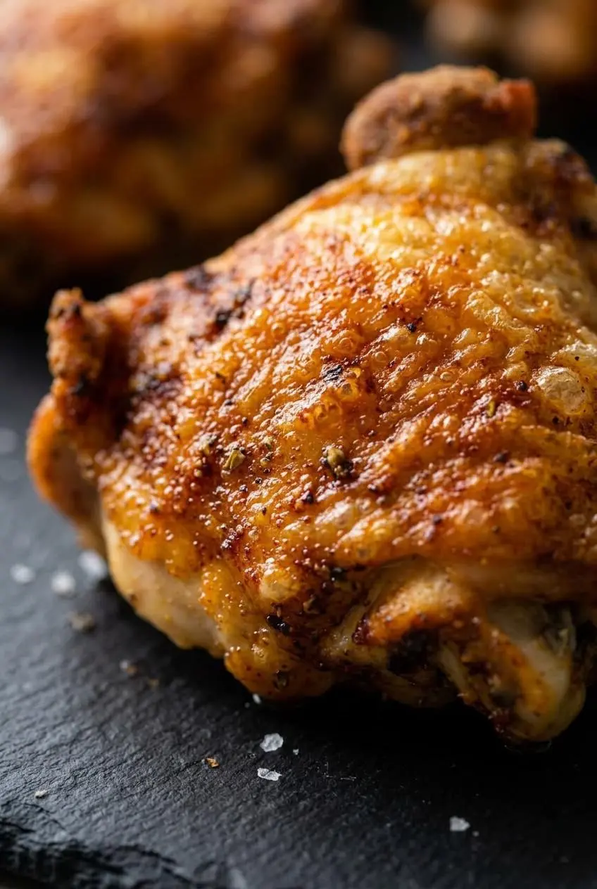 Macro view of blistered, crackling chicken thigh skin with savory spice flecks.