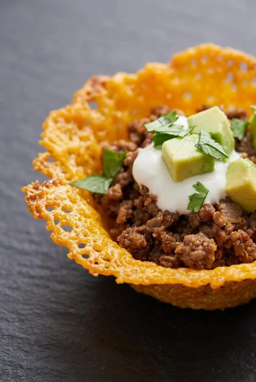 Close-up of the lacy, bubbly crisp rim of a baked cheddar cheese taco cup filled with seasoned beef.