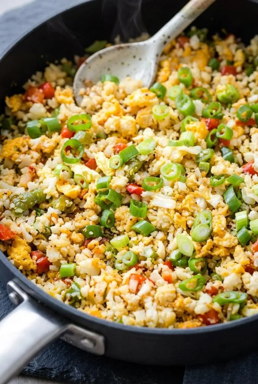 Close up of seared keto fried rice showing distinct cauliflower grains, fluffy egg ribbons, and diced peppers.