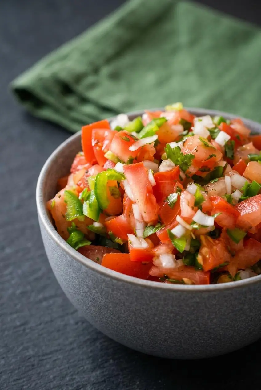 Close-up of neatly diced firm Roma tomato cubes, white onion, and minced jalapeño with no watery pulp.