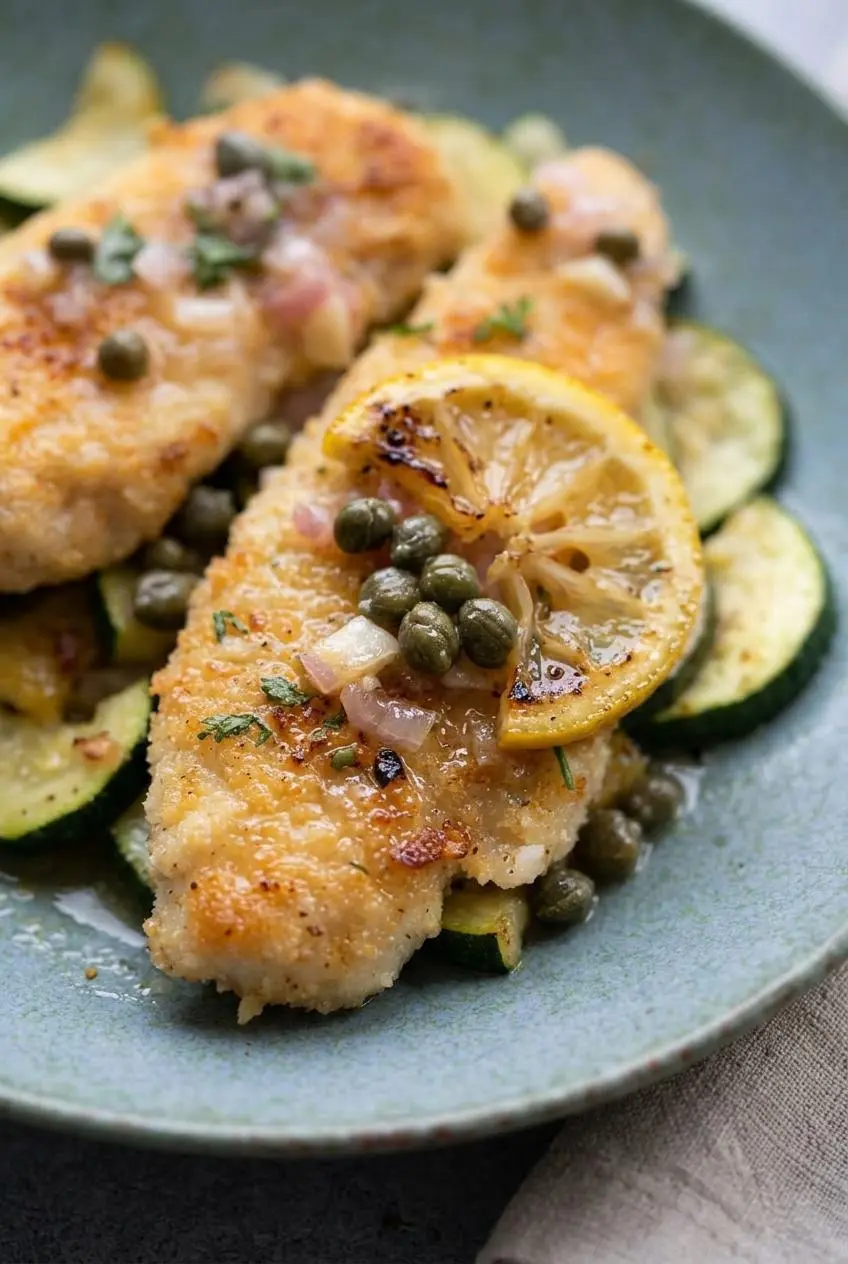 Close-up of crisp almond flour Parmesan coating on seared chicken tender with lemon butter sauce and capers.