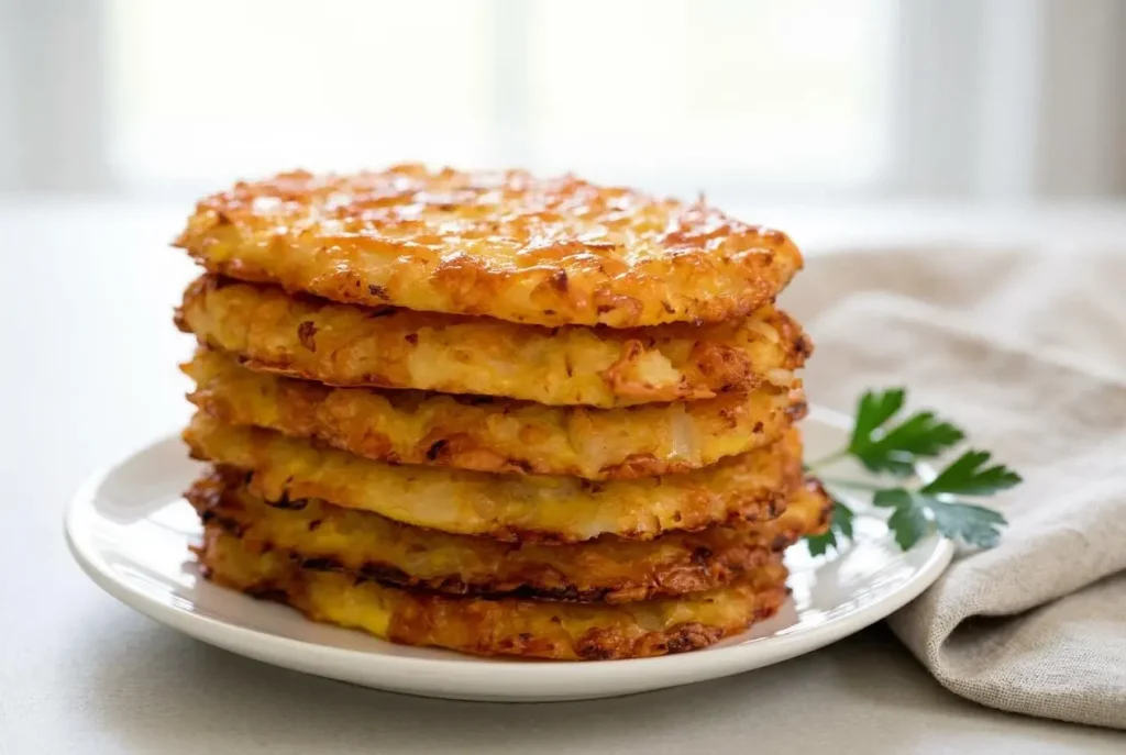 Crisp keto cauliflower hash browns baked to a golden brown crust with tender savory centers.