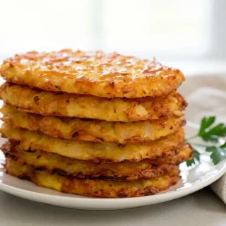 Crisp keto cauliflower hash browns baked to a golden brown crust with tender savory centers.