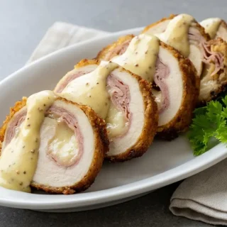 Crispy keto chicken cordon bleu sliced to reveal melted Swiss cheese and savory ham inside.
