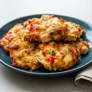 Golden keto chicken fritters with crisp edges and melted mozzarella on a serving platter.