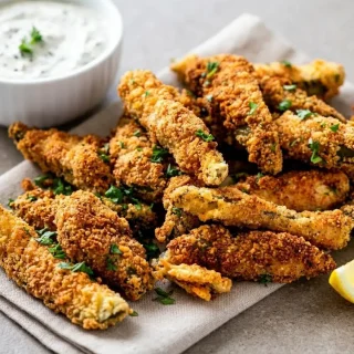 Keto fried pickles with a golden-brown crispy almond flour Parmesan crust on a platter.
