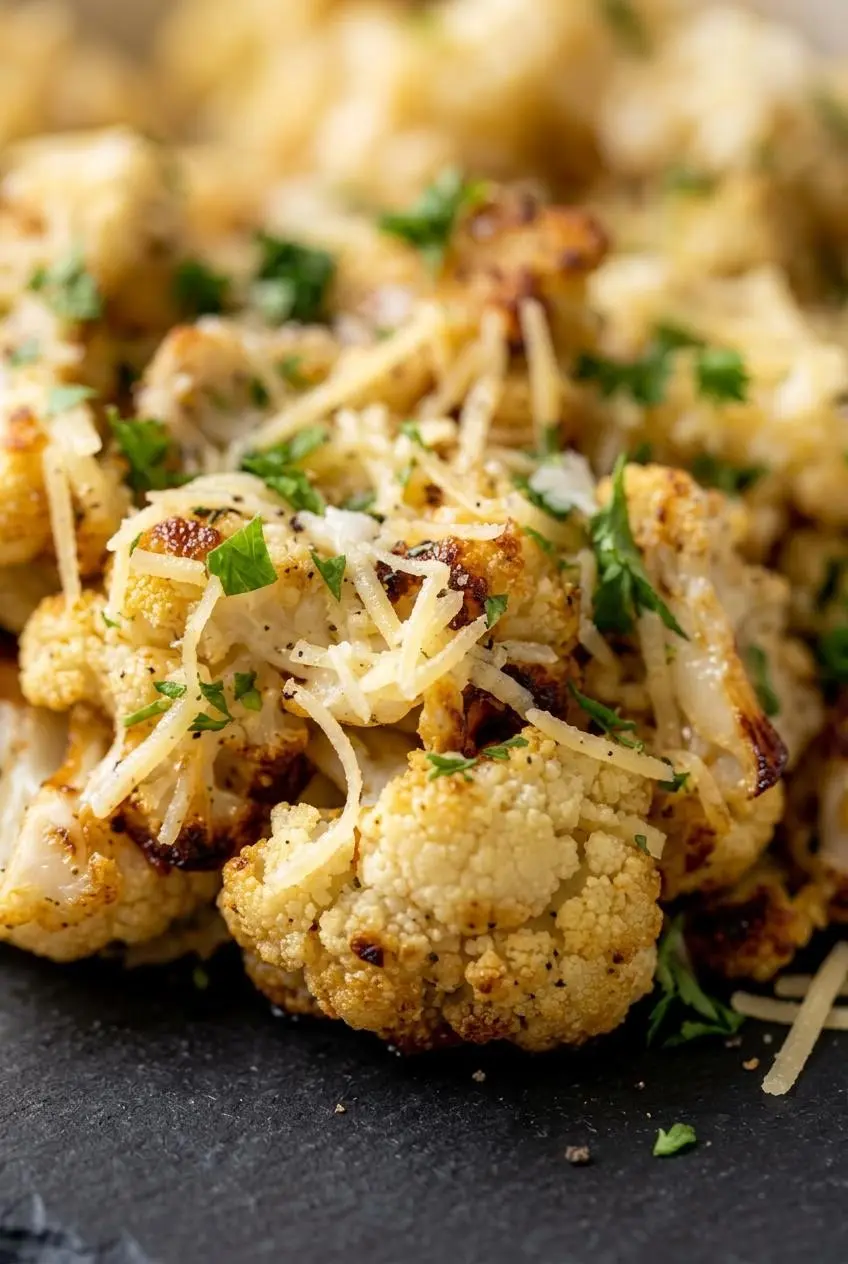 Macro view of crispy roasted cauliflower florets with caramelized golden edges and grated Parmesan.