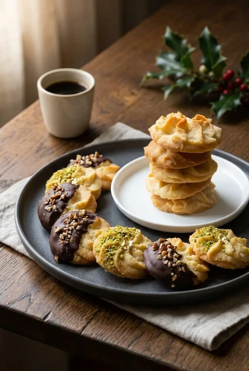 Low carb butter cookies dipped in dark chocolate with chopped nuts alongside classic piped cookies