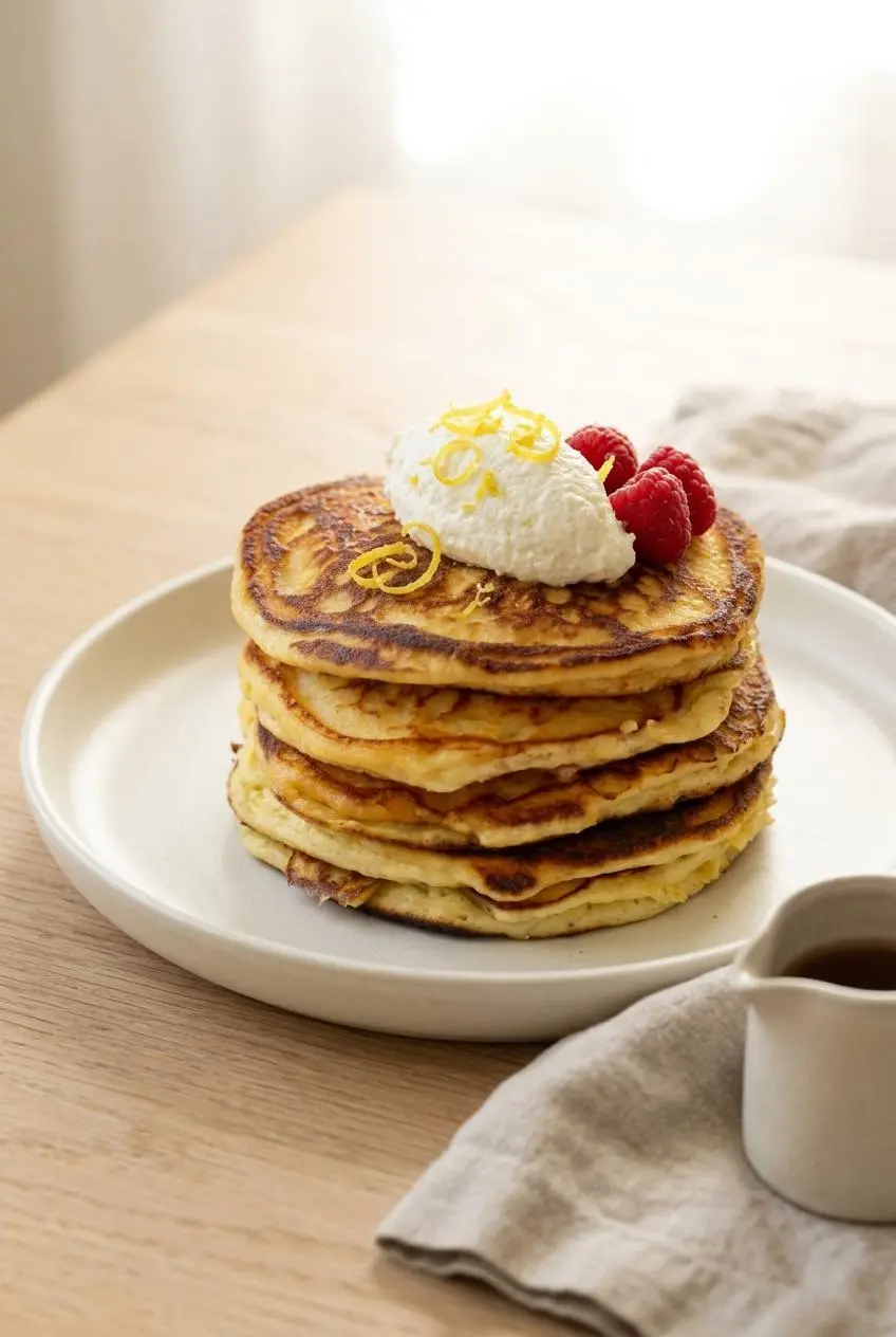 Stack of keto lemon ricotta pancakes topped with whipped ricotta and fresh raspberries.
