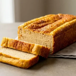 Golden baked keto egg loaf with a rich, tender custard crumb sliced on a cutting board.