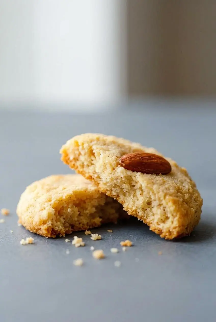 Close-up of a broken keto almond cookie showing a tender, cohesive crumb without crumbling.