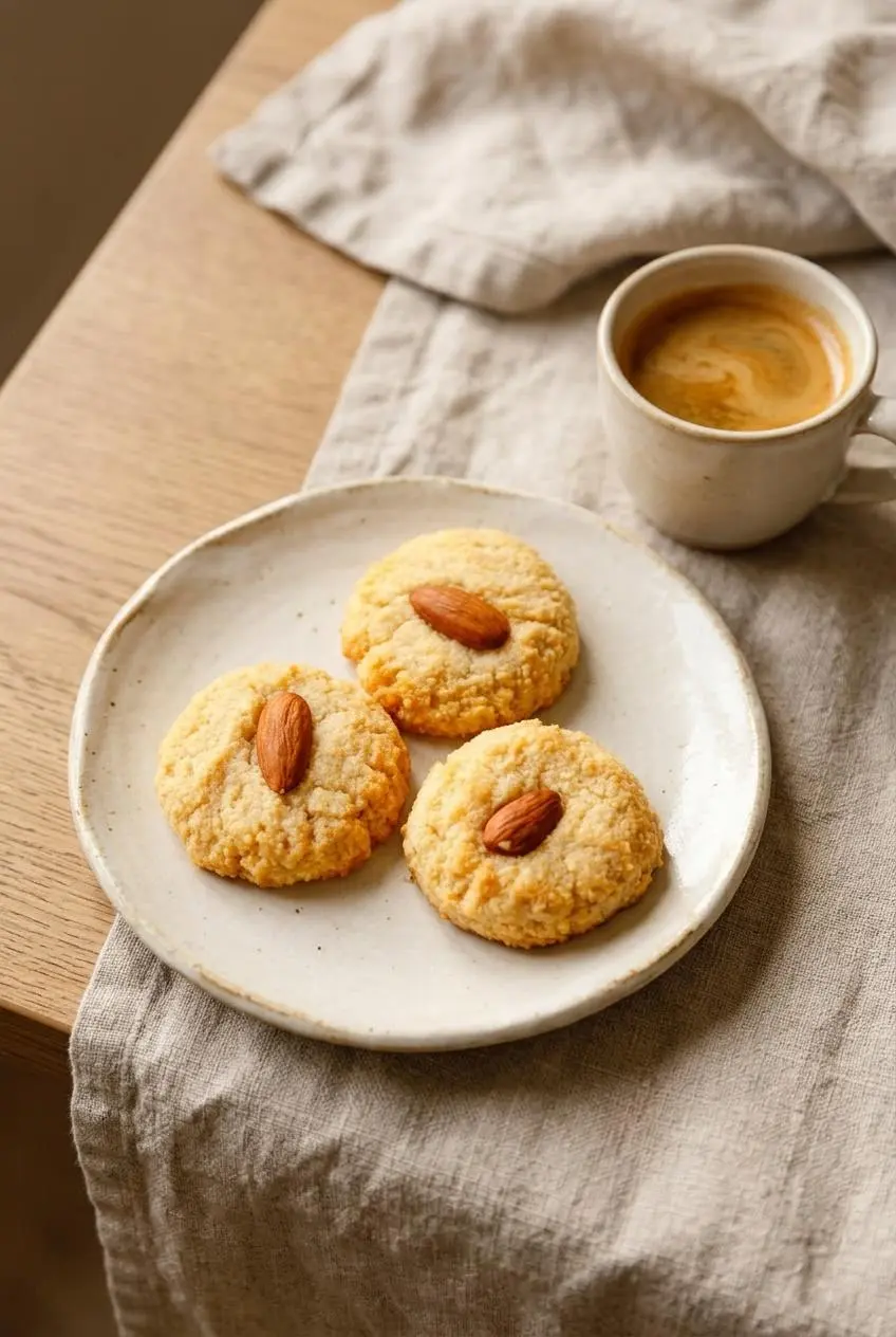 Plate of keto almond cookies served alongside a small cup of hot espresso on a table.