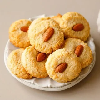 Golden baked keto almond cookies topped with whole almonds on a serving surface.