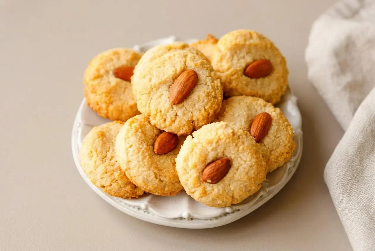 Golden baked keto almond cookies topped with whole almonds on a serving surface.