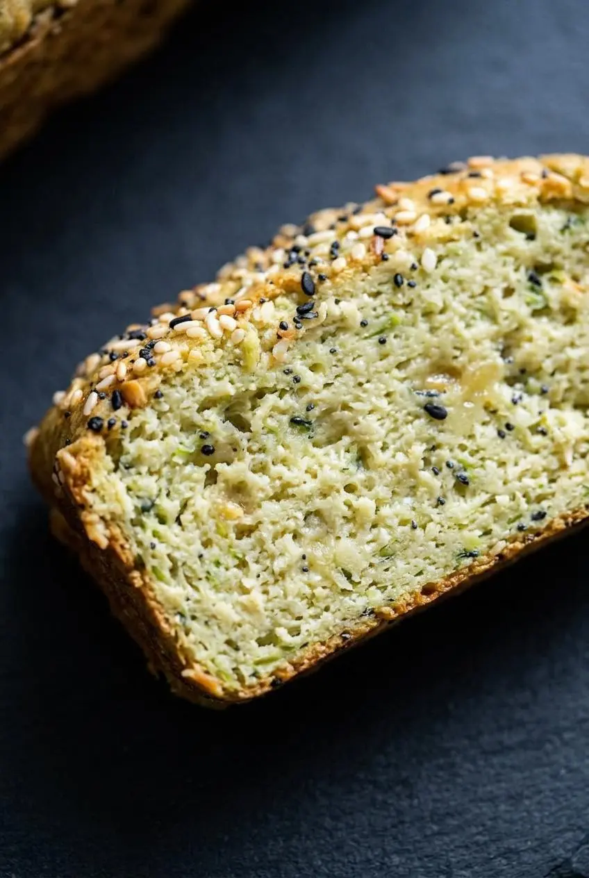 Close-up of keto avocado bread crumb texture with everything bagel seasoning on a dark slate surface.