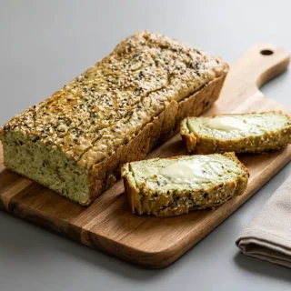Keto avocado bread loaf sliced open showing a tender crumb and golden seasoned crust.