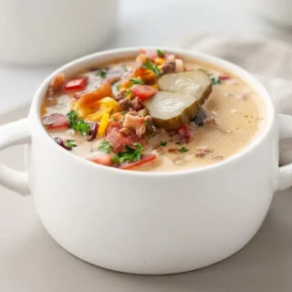 Rich keto bacon cheeseburger soup topped with crispy crumbled bacon, sharp cheddar, and fresh dill pickles.