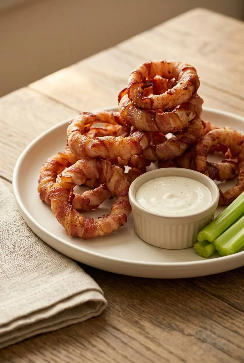 Platter of keto bacon wrapped onion rings served with creamy ranch dip and fresh celery sticks.