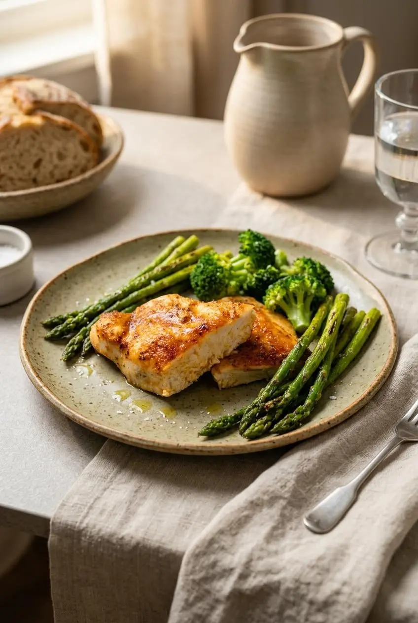 Sliced baked chicken breast served on a dinner plate with roasted asparagus spears and steamed broccoli.