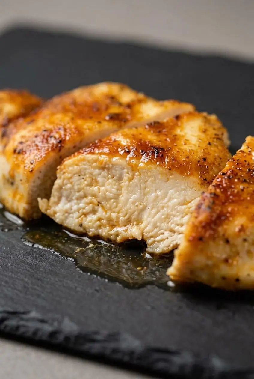 Sliced keto baked chicken breast showing juicy interior muscle fibers and a savory paprika spice crust.