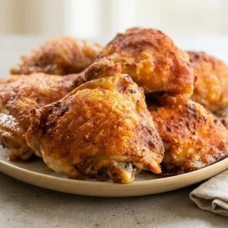 Keto baked chicken thighs with blistered golden crisp skin and roasted spices.