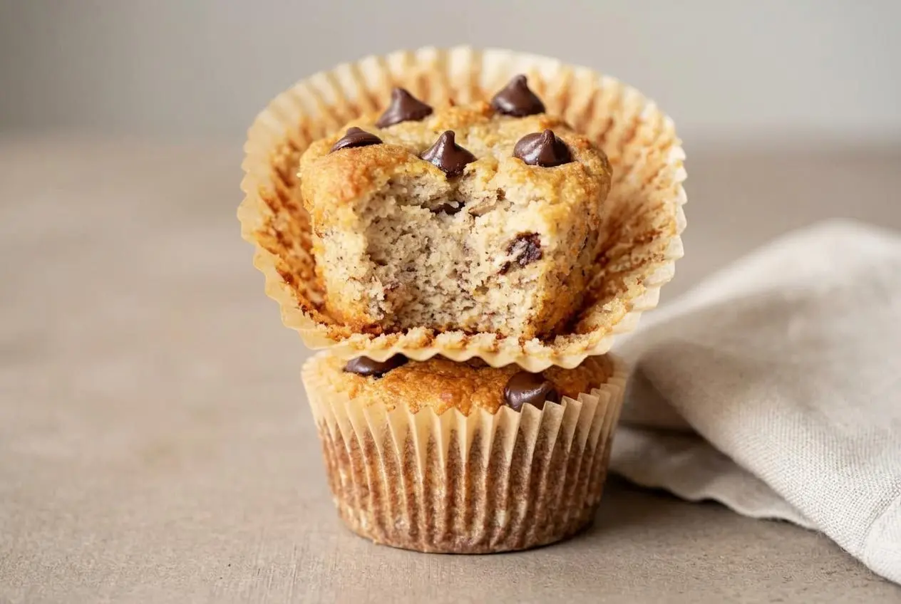 Golden keto banana chocolate chip muffins baked with almond flour and studded with melted chocolate.