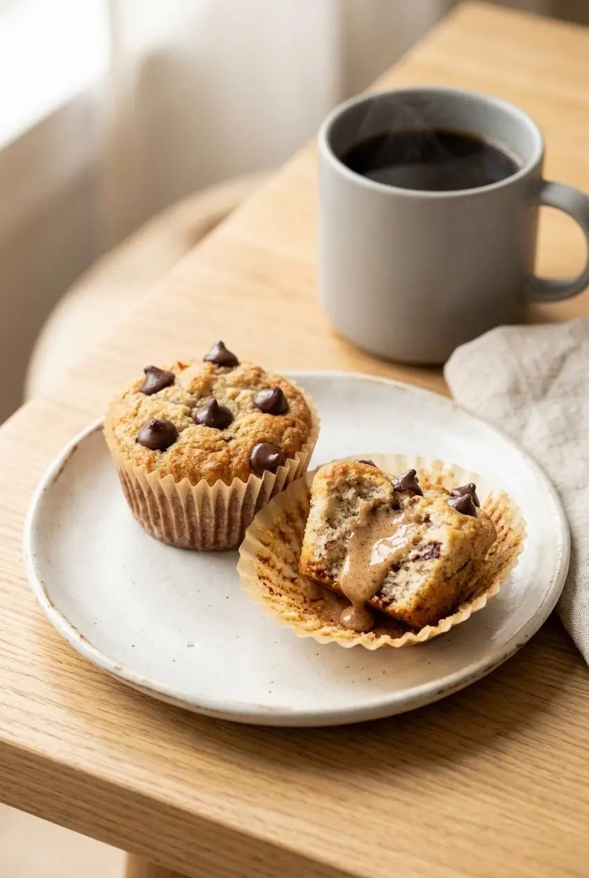 Warm keto banana chocolate chip muffins served on a ceramic plate with almond butter alongside black coffee.
