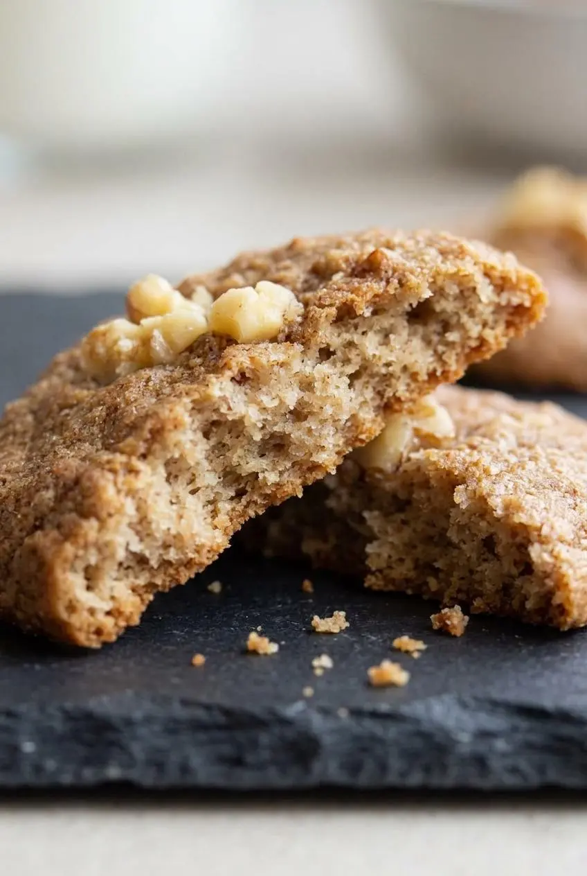 Close-up of a broken keto banana cookie revealing its soft, cake-like interior crumb.