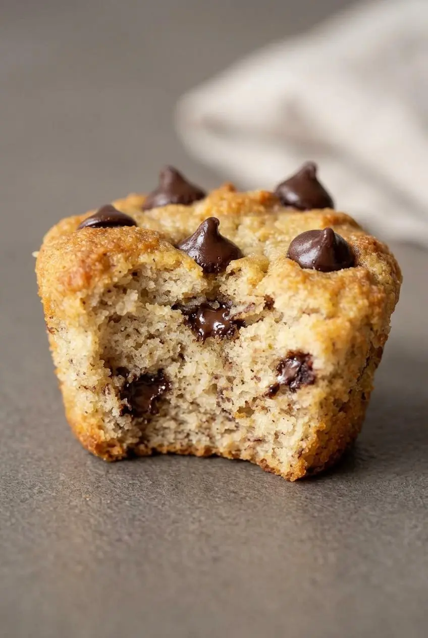 Broken keto banana chocolate chip muffin showing a moist, tender almond flour crumb and melted chocolate.