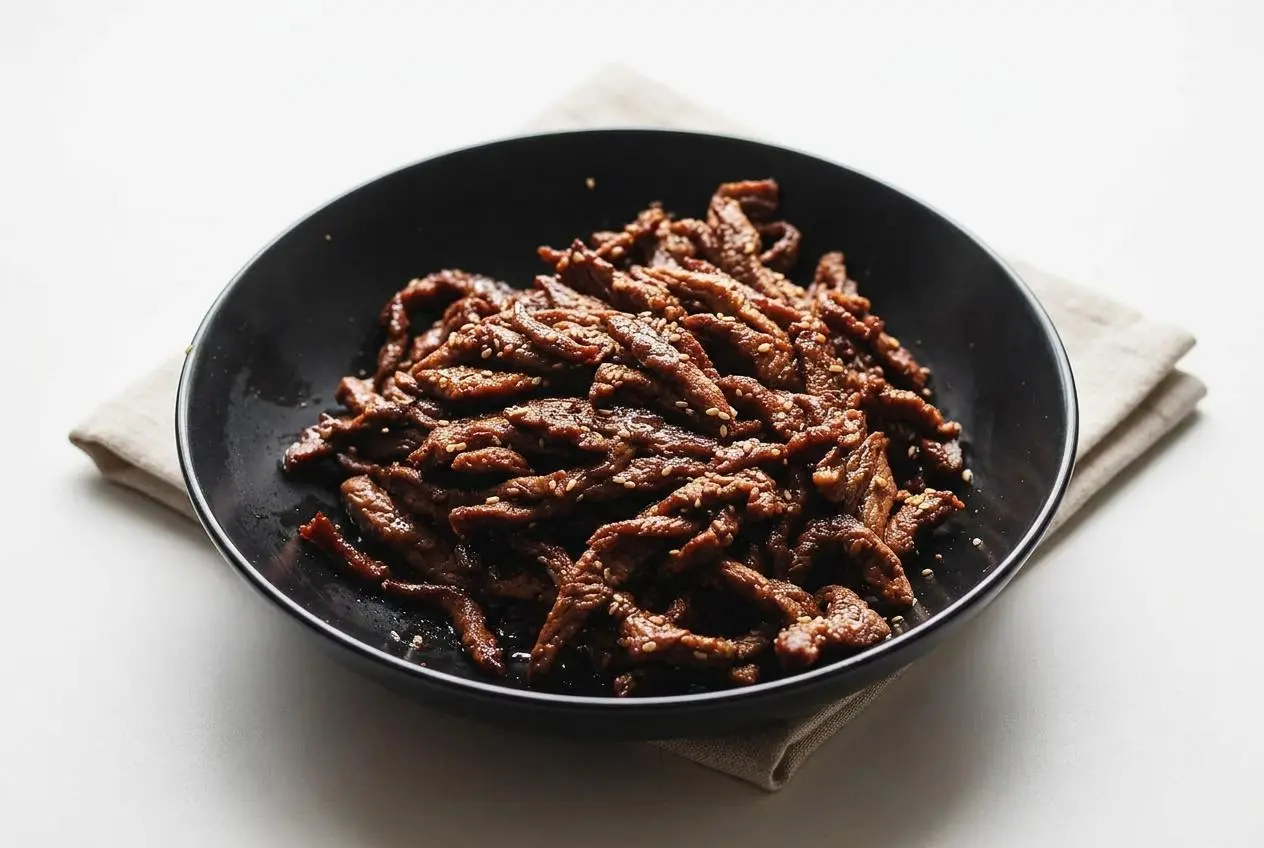 Keto beef bulgogi with caramelized edges and a glossy savory glaze garnished with toasted sesame seeds.
