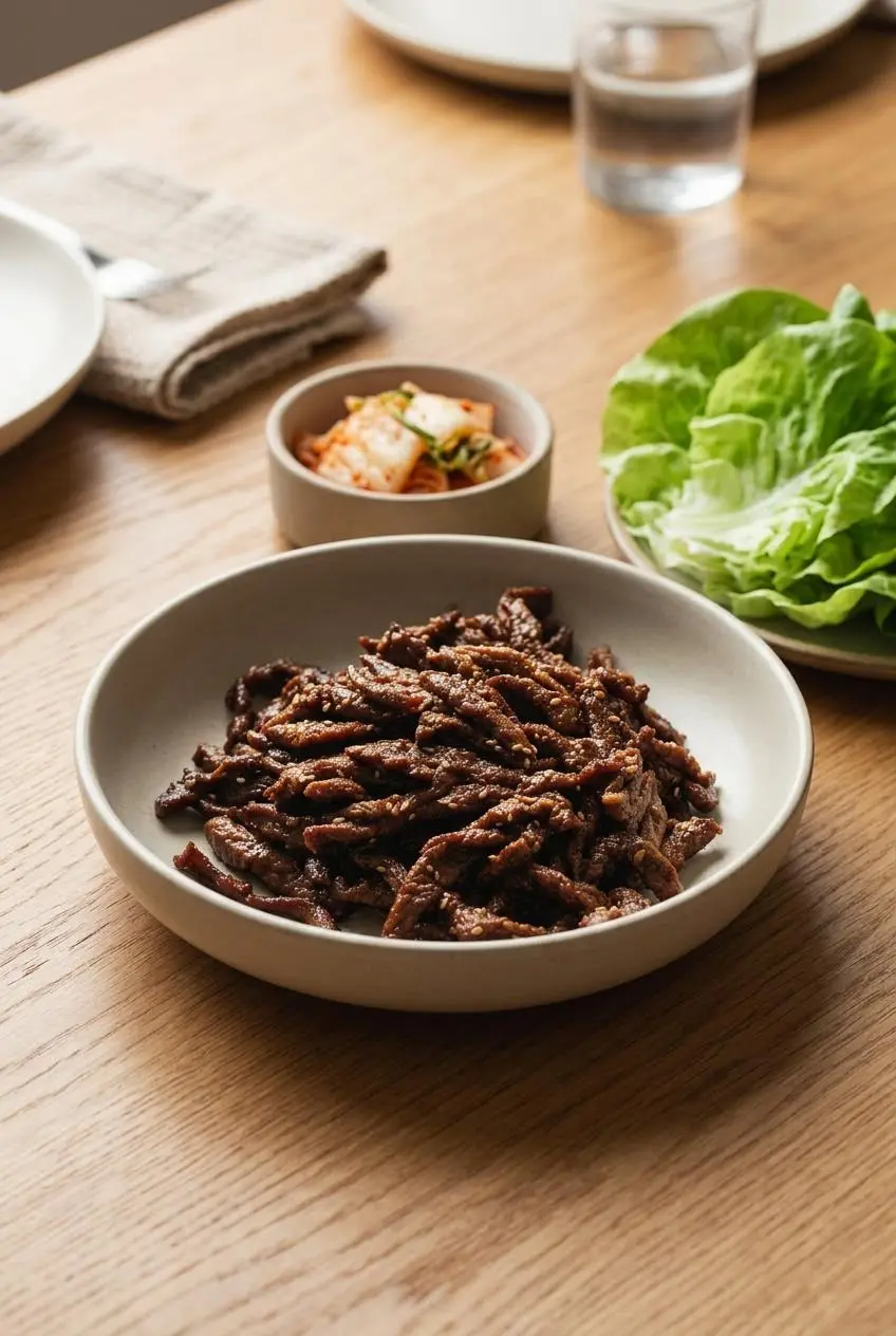 Keto beef bulgogi served in a ceramic bowl with crisp butter lettuce wraps and a side dish of kimchi.