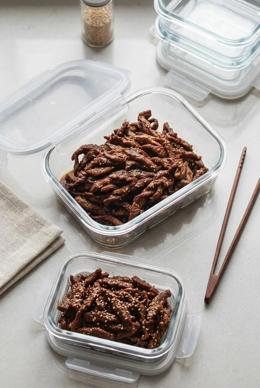 Cooked keto beef bulgogi strips stored neatly in a clear glass meal prep container with bamboo lid.
