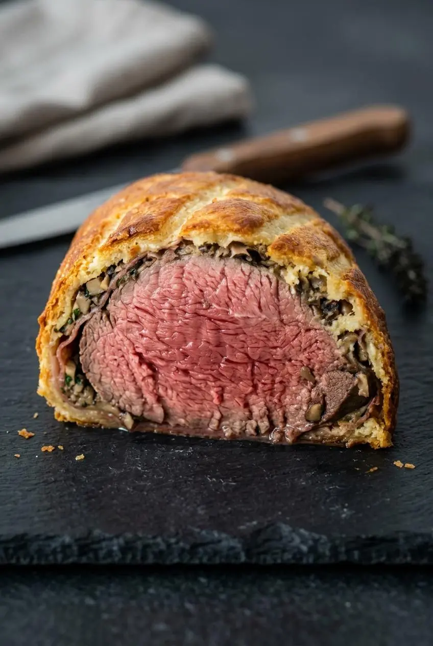 Close-up slice of keto beef wellington showing a crisp pastry crust, dry mushroom duxelles, and rosy tenderloin.
