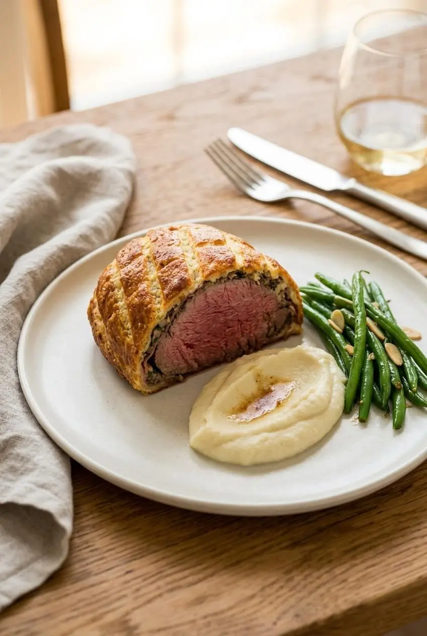 Plated keto beef wellington slice served alongside creamy roasted cauliflower puree and sauteed green beans.