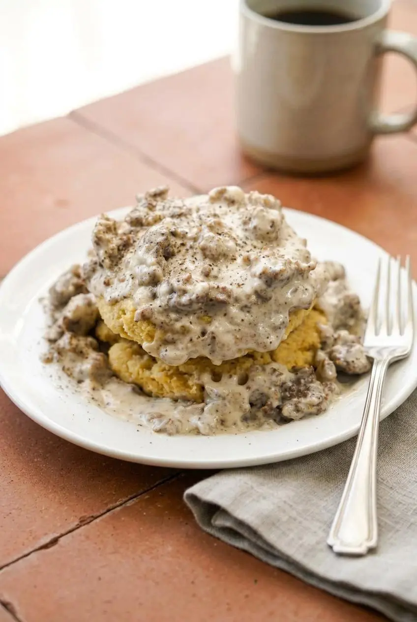 Warm almond flour biscuit smothered in rich keto sausage gravy and browned pork sausage on a breakfast plate.