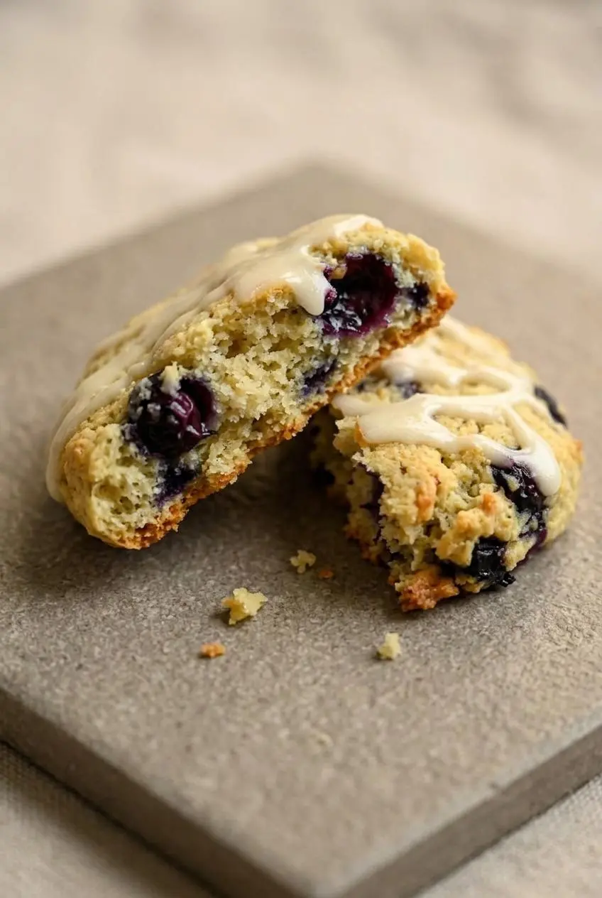 Soft keto blueberry cookie broken in half showing a tender cake-like crumb and bursting berry center.