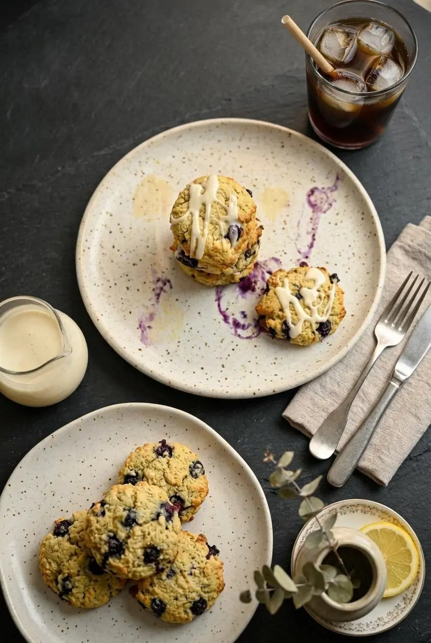 Stack of lemon-glazed keto blueberry cookies on a plate beside an iced cold brew coffee glass.