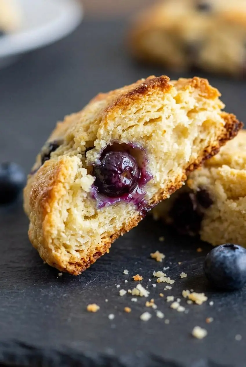 Crumb texture of a broken keto blueberry scone showing tender almond flour interior and whole juicy berry.