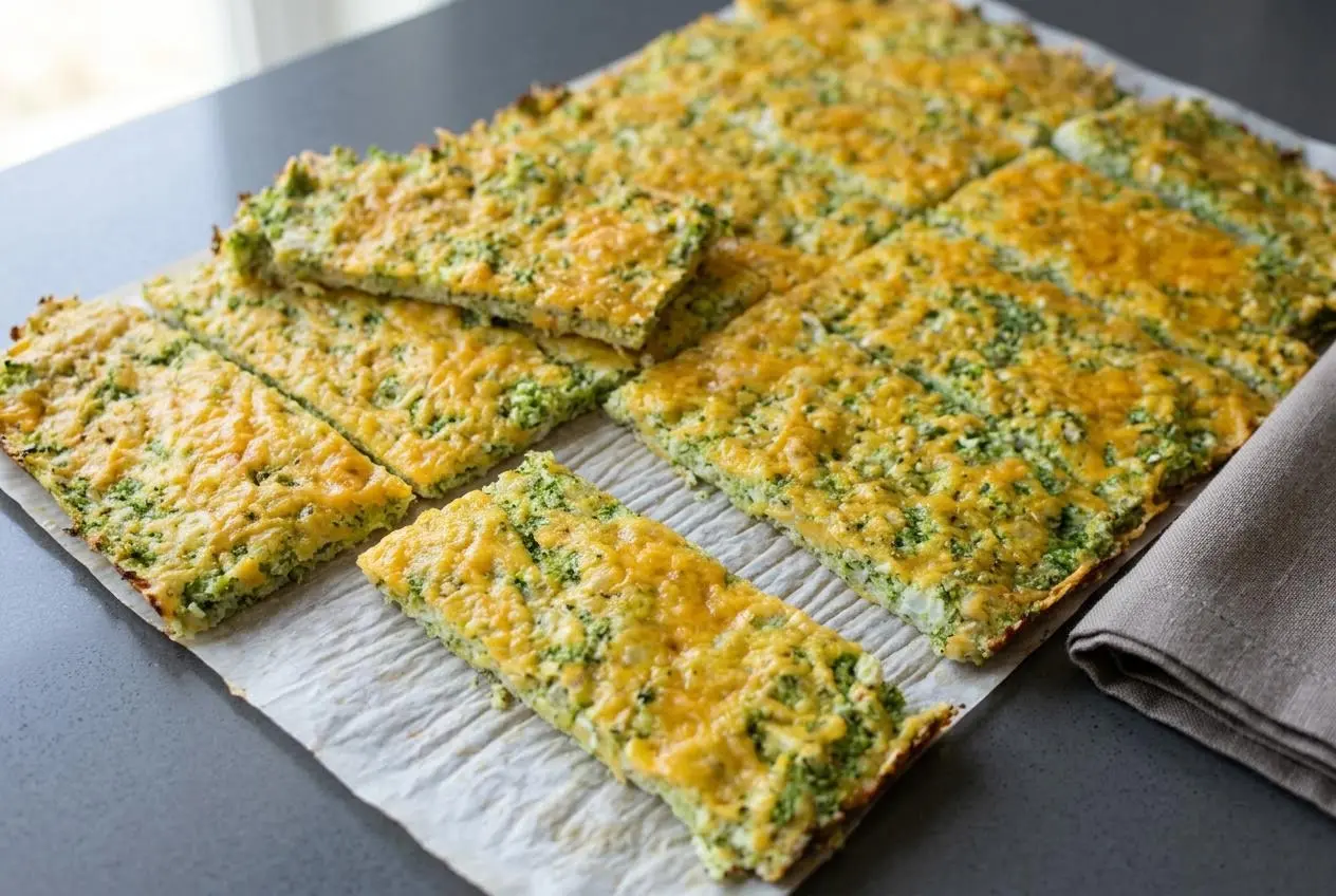 Golden baked keto broccoli bread sliced into squares with melted cheddar edges and savory herbs.